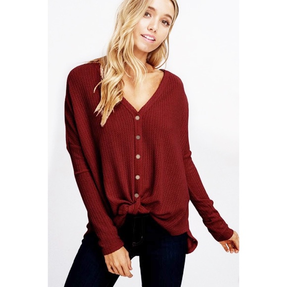 Tops - Maroon button down thermal front tie knot L